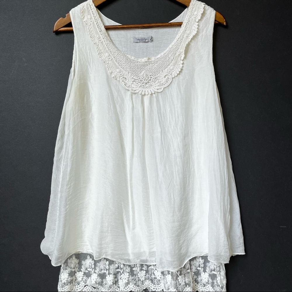 Tendenze Silk Sleeveless Top with Lace Accents L